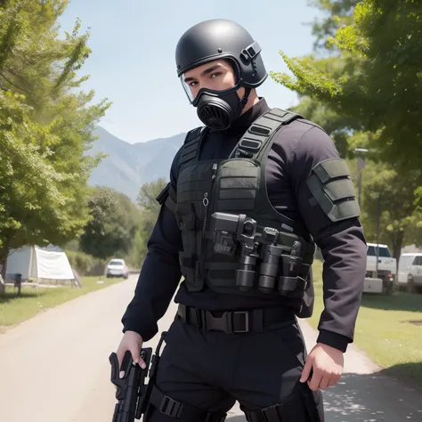 SWAT fighter, balaclava, gasmask, teenage male, armour vest, big dick, bottomless, huge cumshot