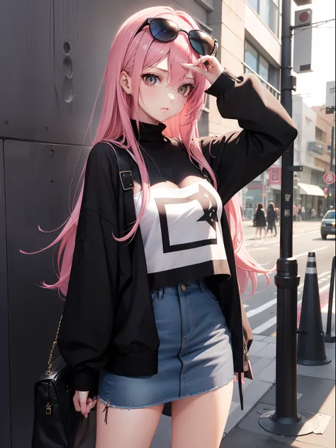 Leader of Runaway Bad Girl, Long Black Jumper, a cool、Lunette de soleil、Skin Jean Miniskirt, Semi-long pink hair, Looking at the viewer, Front view,