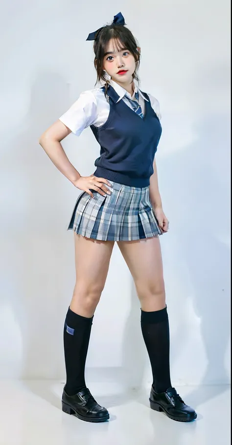 A woman in a school uniform posing, realistic schoolgirl, hyperrealistic schoolgirl, a hyperrealistic schoolgirl, cute schoolgirl, schoolgirl, blue outter, plaid short skirt and high socks, full body, teenage female schoolgirl, beautiful face