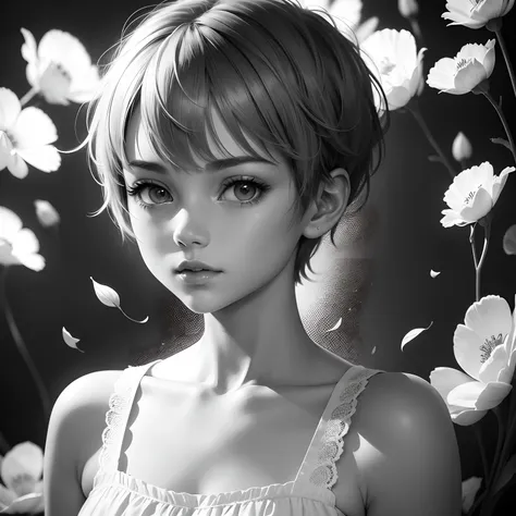 finest image, portrait, line drawing, art, illustration, monochrome, no color, very cute pixie cut girl, background white, red strawberries and petals, professional lighting