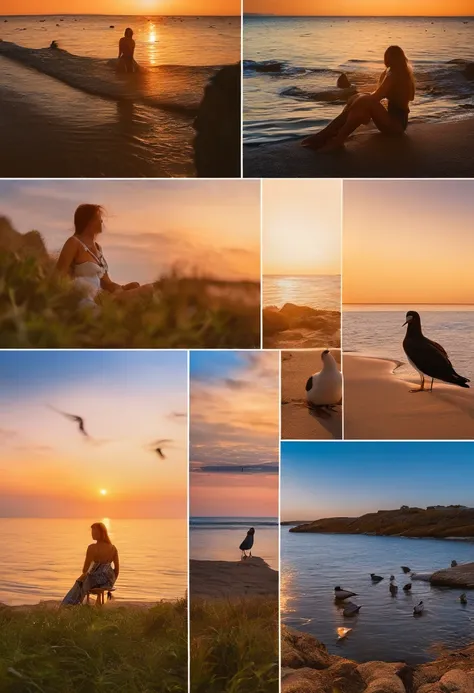 Female model sunbathing by the sea，Seabirds playing around，Sunset，Peaceful surrounding