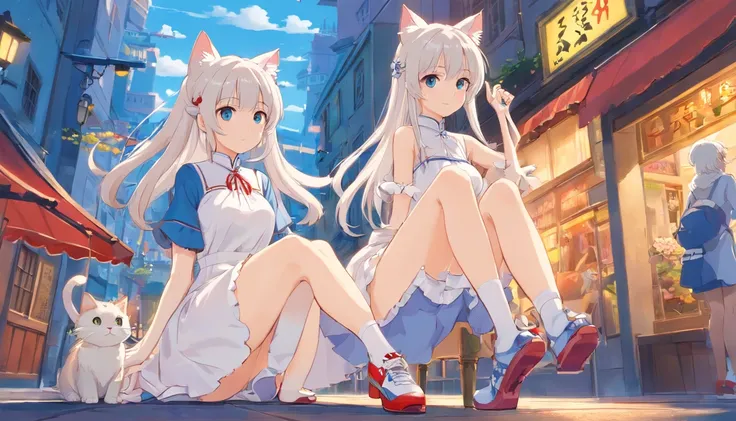 Wear sneakers，Masterpiece，long whitr hair，Extremely tall girls，A giantess，In the city，Full limbs，The face is delicate，White double ponytail，blue color eyes，White Lolita，Long-range shots，white stockings，There are cat ears on the head, white dresses， silber ...