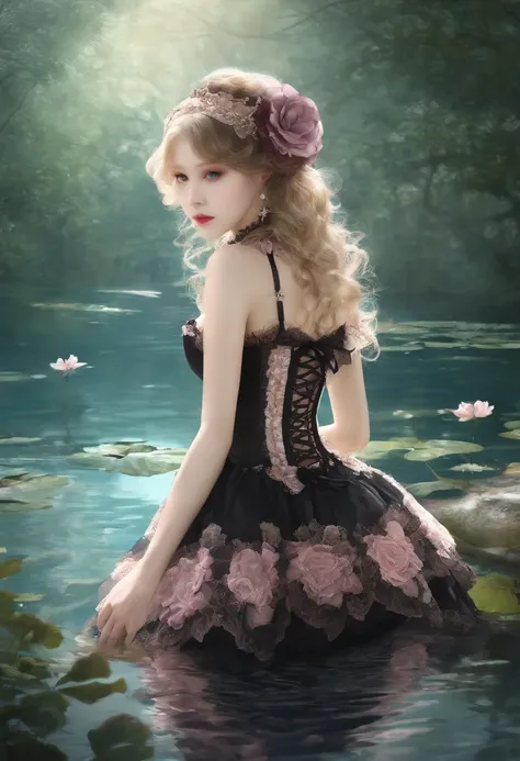 (lingerie:1.3), Takanobu Fujiwara(Takanobu Fujiwara)Digital rendering inspired by, pixiv, rococo, Victoria Gothic Lolita Fashion, Lolita Style,lolita fashion, one-piece,She is swimming in the lake,petticoat