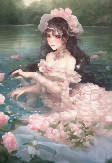 (lingerie:1.3), Takanobu Fujiwara(Takanobu Fujiwara)Digital rendering inspired by, pixiv, rococo, Victoria Gothic Lolita Fashion, Lolita Style,lolita fashion, one-piece,She is swimming in the lake,petticoat