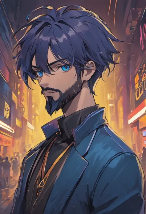 (Cyberpunk man in stylish clothes), (with a long, full beard,) (blue eyes) (portrait) Handsome and serious appearance, dark blue hair, Stylish and elegant, and strong body t-shirt, (Realistic and high quality), ((Best quality, 8k, master piece).