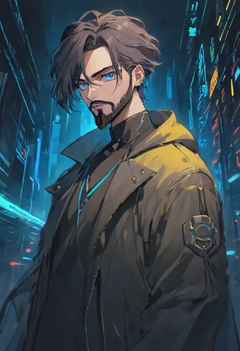 (Cyberpunk man in stylish clothes), (with a long, full beard,) (blue eyes) (portrait) Handsome and serious appearance, dark blue hair, Stylish and elegant, and strong body t-shirt, (Realistic and high quality), ((Best quality, 8k, master piece).