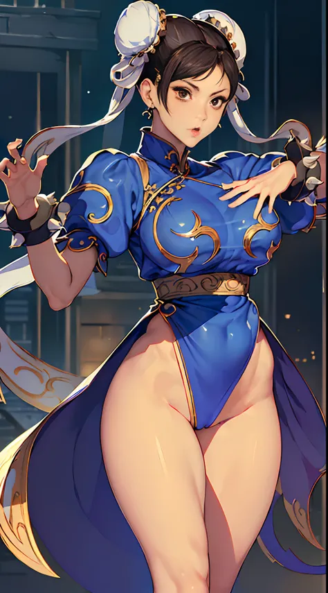 ((​masterpiece、best qualified))、1girl in、独奏、ChunLi、The upper part of the body、Beautiful night street background、NSFW,Open chest、Erect 、(((teats))),barechested、toppless、Hentai underwear、