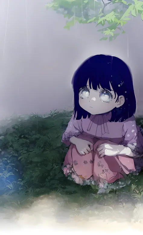 Art quality 8k Anime girl sitting on grass under a tree in the rain, visual anime de uma menina bonito, Art not Guweiz style, Depois da chuva e sem meninas, with a sad expression, the anime girl is crouching, Yume Nikki, chovendo!!, em estilo anime, Tears ...