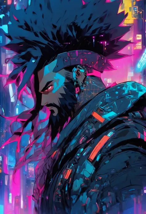 (Cyberpunk man in stylish clothes), (with a long, full beard,) (blue eyes) (portrait) Handsome and serious appearance, dark blue hair, Stylish and elegant, and strong body t-shirt, (Realistic and high quality), ((Best quality, 8k, master piece).