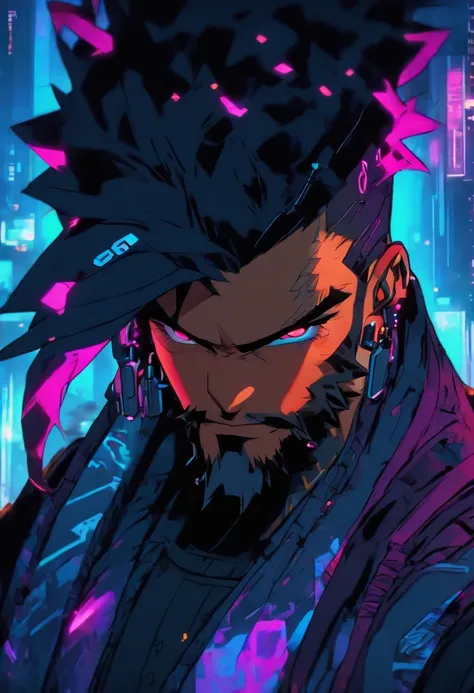 (Cyberpunk man in stylish clothes), (with a long, full beard,) (blue eyes) (portrait) Handsome and serious appearance, dark blue hair, Stylish and elegant, and strong body t-shirt, (Realistic and high quality), ((Best quality, 8k, master piece).