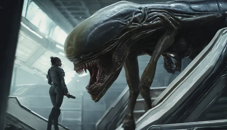 ripley, standing up stairs, alien stab her to back