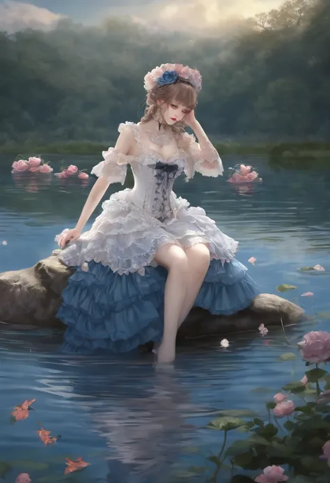 (lingerie:1.3), Takanobu Fujiwara(Takanobu Fujiwara)Digital rendering inspired by, pixiv, rococo, Victoria Gothic Lolita Fashion, Lolita Style,lolita fashion, one-piece,She is swimming in the lake,petticoat