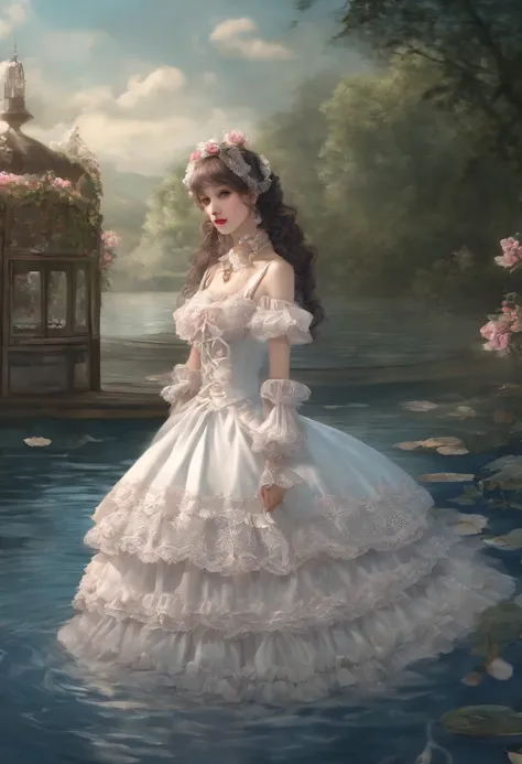 (lingerie:1.3), Takanobu Fujiwara(Takanobu Fujiwara)Digital rendering inspired by, pixiv, rococo, Victoria Gothic Lolita Fashion, Lolita Style,lolita fashion, one-piece,She is swimming in the lake,petticoat