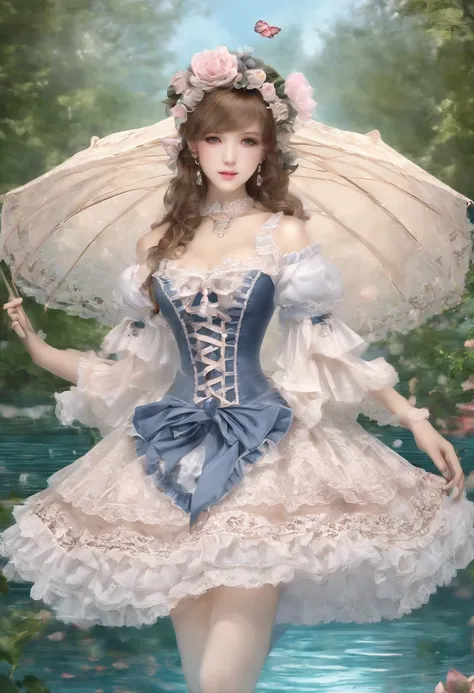 (lingerie:1.3), Takanobu Fujiwara(Takanobu Fujiwara)Digital rendering inspired by, pixiv, rococo, Victoria Gothic Lolita Fashion, Lolita Style,lolita fashion, one-piece,She is swimming in the lake,petticoat