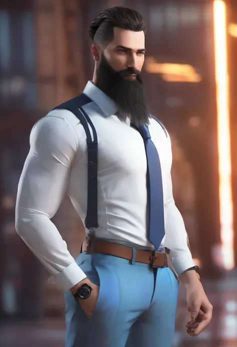 (Cyberpunk man in stylish clothes), (with a long and full beard,) (blue eyes) (portrait) Handsome and serious appearance, dark blue hair, Elegant and elegant, and strong body very formal white shirt, (Picture realistic and high quality), ((Best quality, 8k...