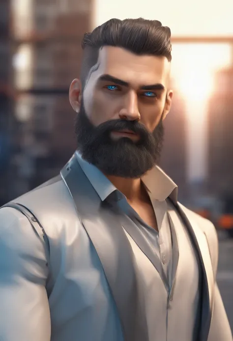 (Cyberpunk man in stylish clothes), (with a long and full beard,) (blue eyes) (portrait) Handsome and serious appearance, dark blue hair, Elegant and elegant, and strong body very formal white shirt, (Picture realistic and high quality), ((Best quality, 8k...