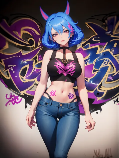 Veera|Arena of Valor, master-piece, bestquality, 1girls,25 years old, proportional body, elongated legs, Beautiful, proportional., crop top, Long Jeans, gigantic breasts, ,bara, crop top, choker, (Graffiti:1.5), Splash with purple lightning pattern., arm b...