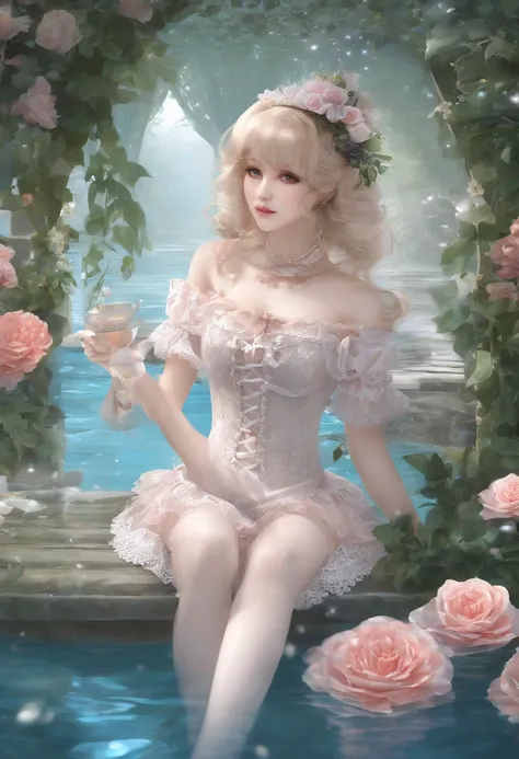 (lingerie:1.3), Takanobu Fujiwara(Takanobu Fujiwara)Digital rendering inspired by, pixiv, rococo, Victoria Gothic Lolita Fashion, Lolita Style,lolita fashion, one-piece,She is swimming in the lake,petticoat