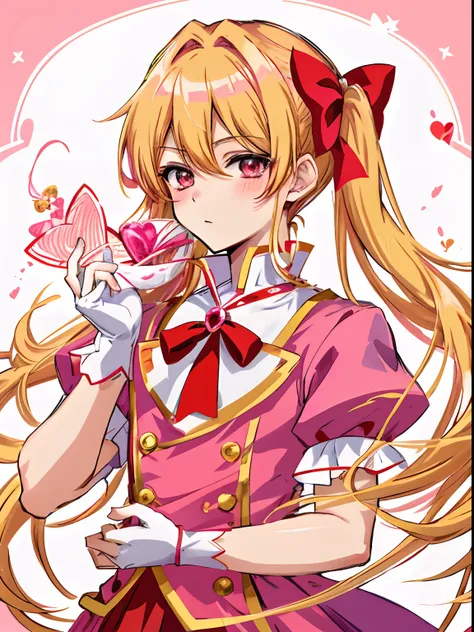 Anime boy in red dress with pink bow and pink heart, Portrait of a magical boy, Prince in anime, Magical Boy Anime Mahou Shōnen, Blonde long twin-tailed hair man, Candy Boy, Magical Boy, Dress Up Darling Anime, white glove, Magical Boy Style, Cool, marin k...