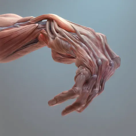 the detailed anatomy of the muscles of an arm without the skin, mostrando todos os detalhes do corpo humano, realista, 8k, cinematic