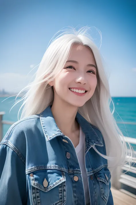 (((surrealism))),((Ray traching)), High detail,high qulity,super detailing,White hair,mesmerizing eyes,faint blush,Sweet smile,messy  hair,perfect body figure,Denim clothes,realistic lens,Look up at the seaside,Have by the sea,Hong Kong breeze feeling,