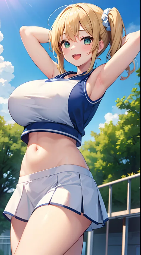 1 girl, game CG, sleeveless blue gym uniform, belly button visible, short white skirt, scrunchie, gigantic breasts, blonde, middle hair, side ponytail, green eyes, smile, open mouth, arms above head, school , outdoor,