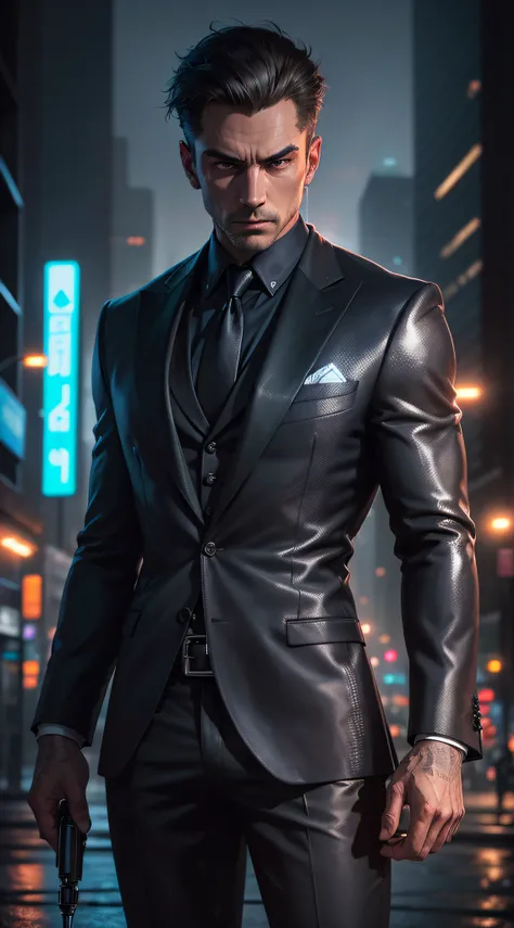 (high quality:1.2,ultra-detailed,realistic:1.37),masterpiece,illustration,portrait,dark colors,dramatic lighting,a man dressed like a secret agent,holding a pen,serious expression,detailed facial features,elegant suit,gloomy atmosphere,subtle shadows,impre...