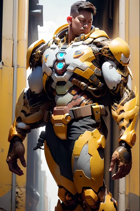 Action pose, buzz lightyear, bulky, very muscular, wearing ironman exo suit, black and gold color, damage, broken, showing wiring and pipe on suit