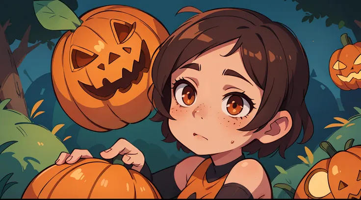 a 1girl, with brown short hair, the eyes are brown, freckles on her face, halloween, pumpkin, bring