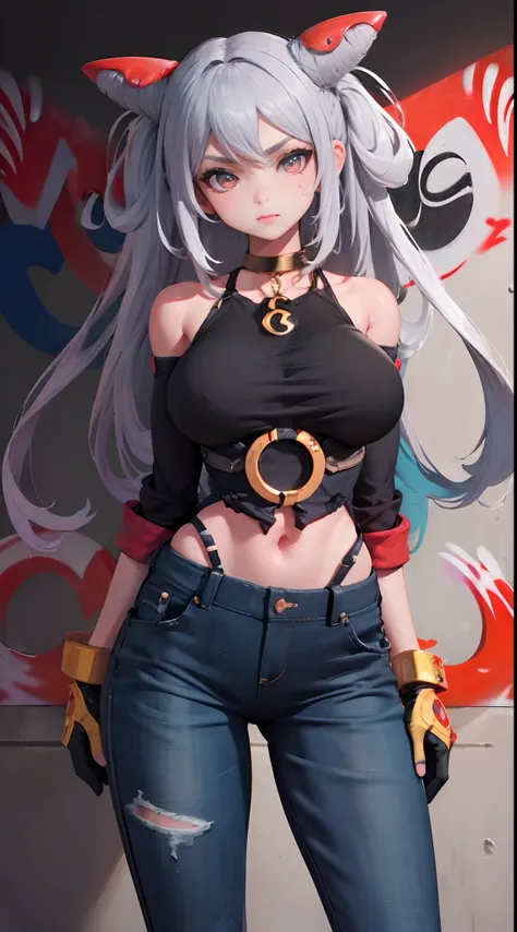 Qi|Arena of Valor, master-piece, bestquality, 1girls,25 years old, proportional body, elongated legs, Beautiful, proportional., crop top, Long Jeans, gigantic breasts, ,bara, crop top, choker, (Graffiti:1.5), Splash with purple lightning pattern., arm behi...