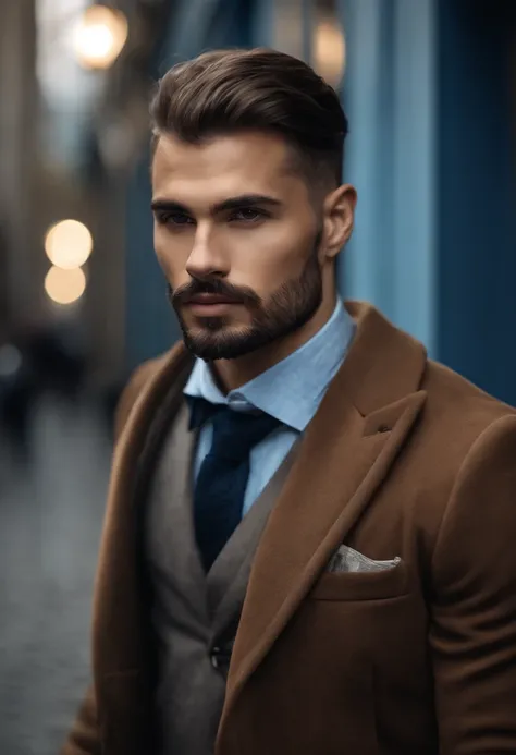 (Hombre ciberpunk con ropa elegante), ), (con una barba larga y llena,) (ojos azules) (retrato) Aspecto atractivo y serio, cabello azul oscuro, Elegante y elegante, y camiseta de cuerpo fuerte, (Imagen realista y de alta calidad), in the background Scandin...