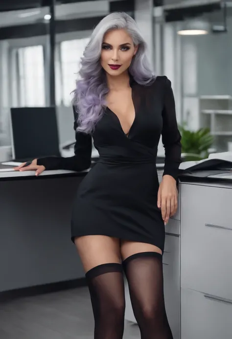 ((full body)), 8k, violet light gray hair, Office, Office Lookbook, sexy clothes, black stockings, black clothes, see-through blouse, perfect figure