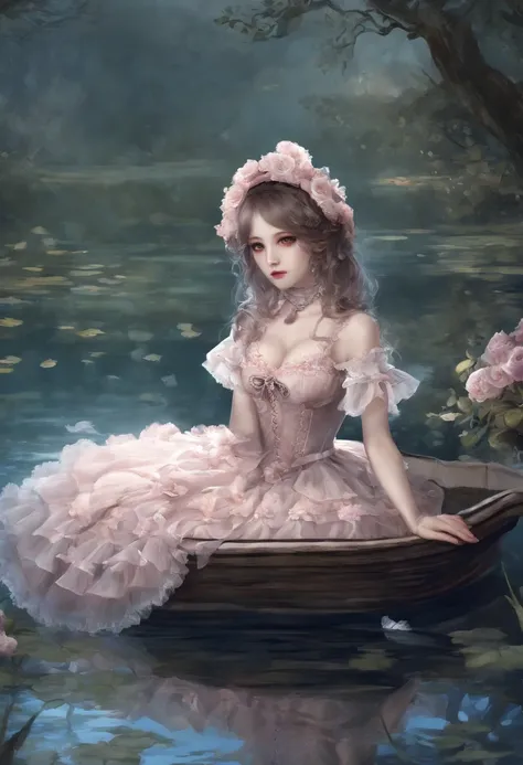 (lingerie:1.3), Takanobu Fujiwara(Takanobu Fujiwara)Digital rendering inspired by, pixiv, rococo, Victoria Gothic Lolita Fashion, Lolita Style,lolita fashion, one-piece,She is swimming in the lake,petticoat,zombie