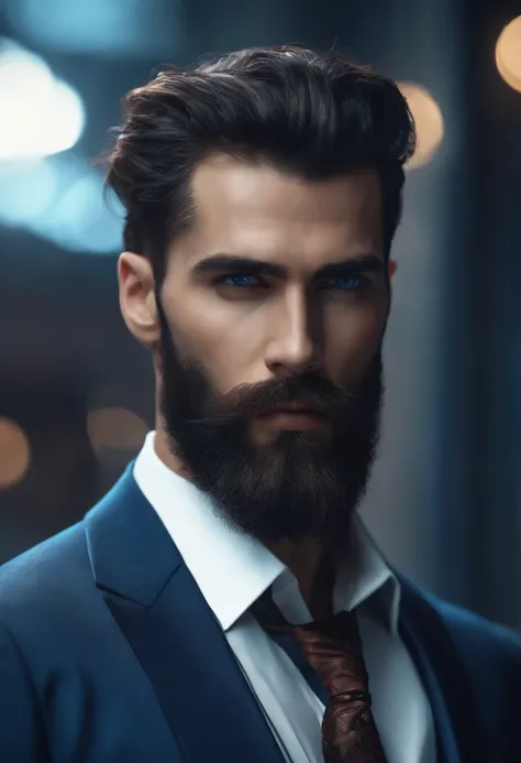 (Cyberpunk man in stylish clothes), (with a long and full beard,) (blue eyes) (portrait) Handsome and serious appearance, dark blue hair, Elegant and elegant, and strong body very formal white shirt, (Picture realistic and high quality), ((Best quality, 8k...