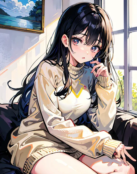 (Realistic painting style:1.0), Masterpiece, Best quality, absurderes, comic strip, illustration,
1 girl, Long hair, Black hair, Cute girl, young and cute girl, Korean girls, {Breasts}, 
long-sleeves sweater, Wear a long-sleeved sweater, Beige sweater,