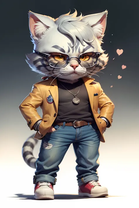 c4tt4stic, Cartoon silver tabby cat in suit and jeans, sunglasses,