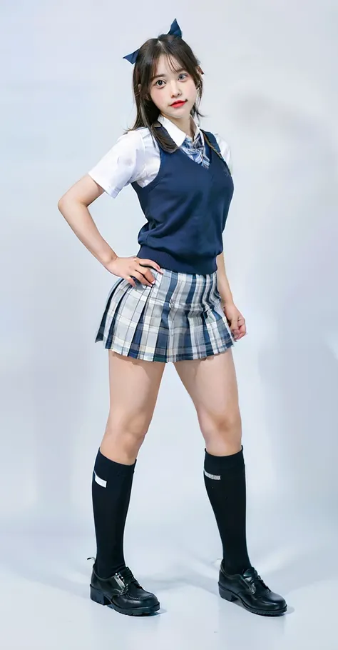 A woman in a school uniform posing, realistic schoolgirl, hyperrealistic schoolgirl, a hyperrealistic schoolgirl, cute schoolgirl, schoolgirl, blue outter, plaid short skirt and high socks, full body, teenage female schoolgirl, beautiful face