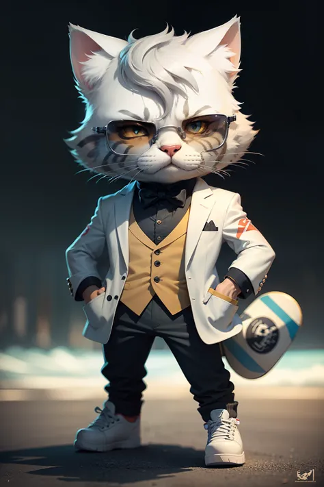 c4tt4stic, Cartoon silver tabby cat in suit and skateboard, sunglasses,