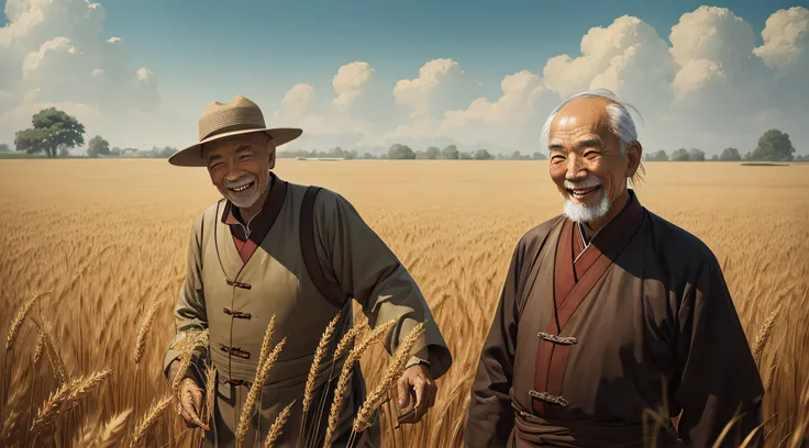 an elderly man in a wheat field smiling, in the style of tooth wu, chinese cultural themes, bo chen, distinctive characters, ruan jia