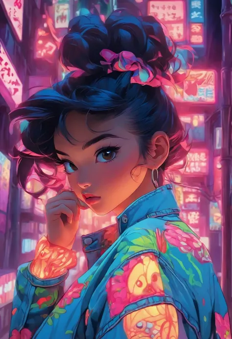 a beautiful asian model in jeans at night, in the style of casey weldon, detailed attention to costume and fashion, poolcore, resin, aurorapunk, kieron gillen, cute and colorful --ar 69:128 --s 750 --v 5.2