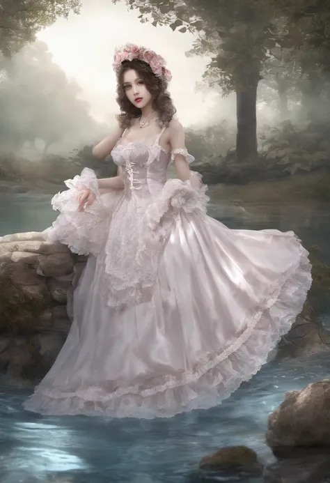 (lingerie:1.3), Takanobu Fujiwara(Takanobu Fujiwara)Digital rendering inspired by, pixiv, rococo, Victoria Gothic Lolita Fashion, Lolita Style,lolita fashion, one-piece,She is swimming in the lake,petticoat,zombie