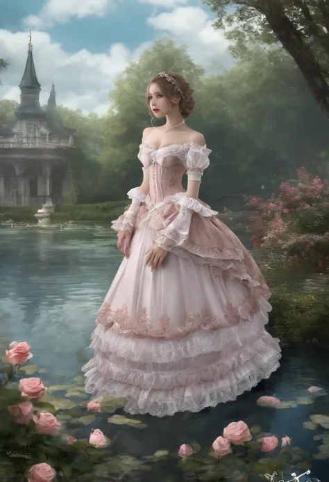 (lingerie:1.3), Takanobu Fujiwara(Takanobu Fujiwara)Digital rendering inspired by, pixiv, rococo, Victoria Gothic Lolita Fashion, Lolita Style,lolita fashion, one-piece,She is swimming in the lake,petticoat,zombie