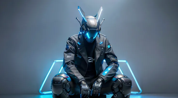 masterpiece, best quality, a close up of a futuristic looking cyborg man with a fantastic cyberhelmet head with blue triangle led lights and a halo, wearing a blue techwear jacket, robot waist, robotic six pack, robotic belly, full body, sitting position. ...