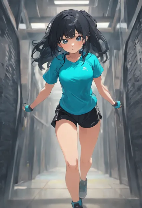 One girl, long black hair, very fit sexy, plain Aqua blue tshirt and black training shorts