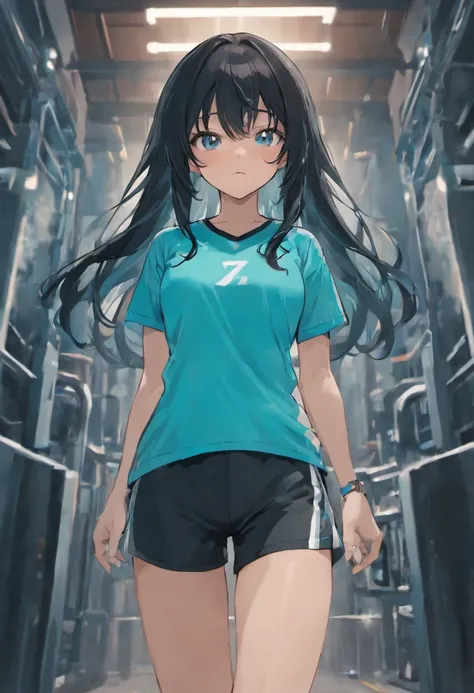 One girl, long black hair, very fit sexy, plain Aqua blue tshirt and black training shorts