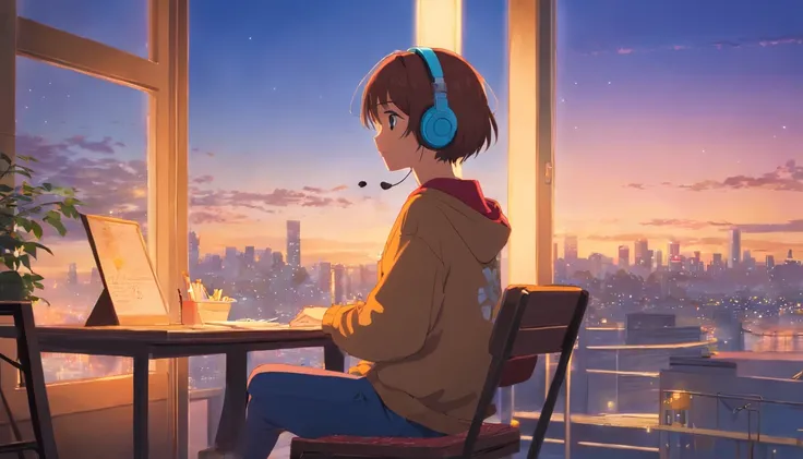 portlate、512、lo fi、Girl in headphones sitting on a chair、Take a nap at your desk、Eyes closed、City view outside the window、early evening、PastelColors、Painting、autumnal、natta