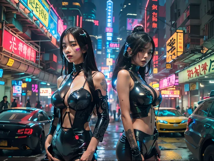 (beautiful Asian identical twin cyberpunk girls in middle of composition:1.3), (((ultra detailed neon cyberpunk futuristic city ))),black long hair, detailed and intricate (((cyberpunk city background))), featuring high-tech holographic projections and sle...