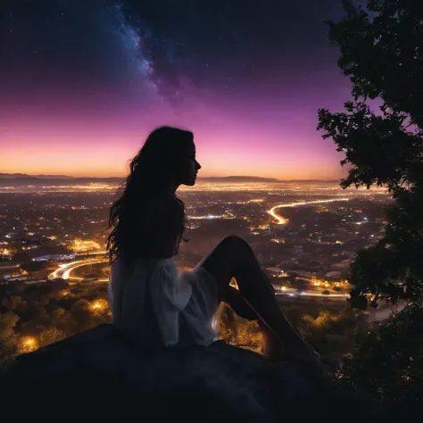 octans, sky, star (sky), scenery, starry sky, night, 1girl, night sky, solo, outdoors, building, cloud, milky way, sitting, tree, long hair, city, silhouette, cityscape --auto --s2