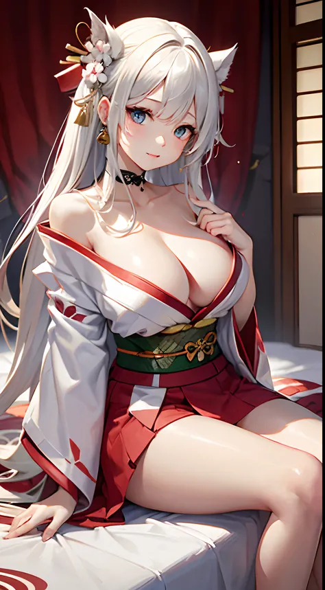 Beautiful illustration、top-quality、Cute little girl s、Bedroom、White color hair、long whitr hair、(((Red and White Kimono)))、(((Red and White Kimono)))、Red eyes with big breasts、a navel、Flipping up her skirt with her hands、White pubic area is shown、Pull up th...