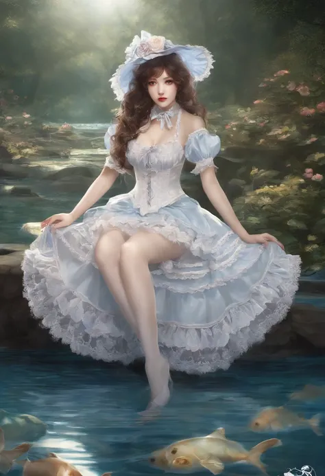 (lingerie:1.3), Takanobu Fujiwara(Takanobu Fujiwara)Digital rendering inspired by, pixiv, rococo, Victoria Gothic Lolita Fashion, Lolita Style,lolita fashion, one-piece,She is swimming in the lake,petticoat,open your legs,